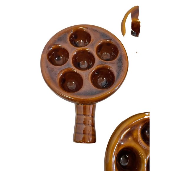 Taiwan Ceramic Brown Glazed Escargot Snail Plate Baking Dishes Handle Set of 4 - Picture 4 of 9